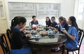 Tea with exchange students from Herschel Girls' School, South Africa, and Lycée Saint-Vincent, France